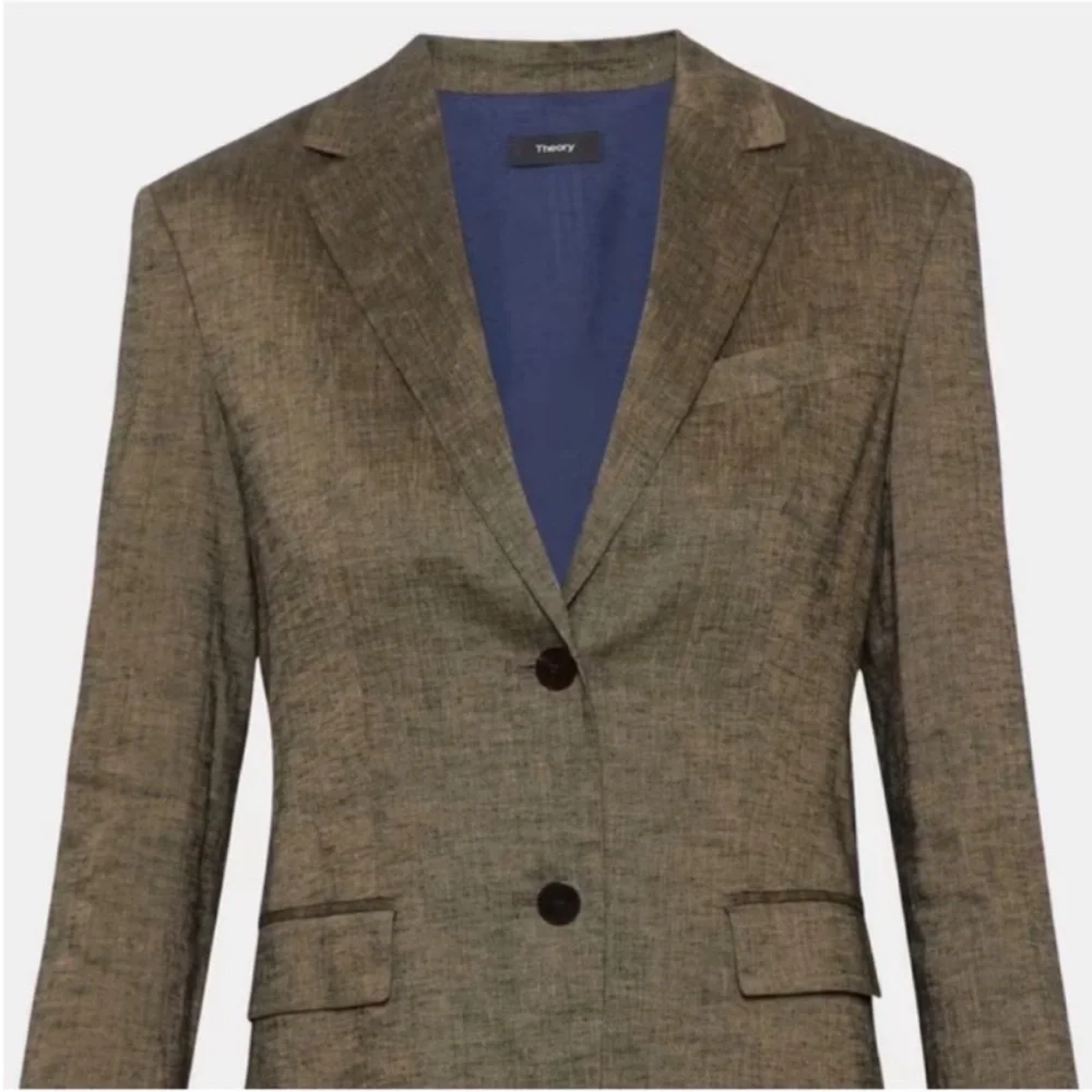 Theory Classic Tailored Blazer Designer Textured Suit Jacket Linen Brown Size 8 - Picture 6 of 12